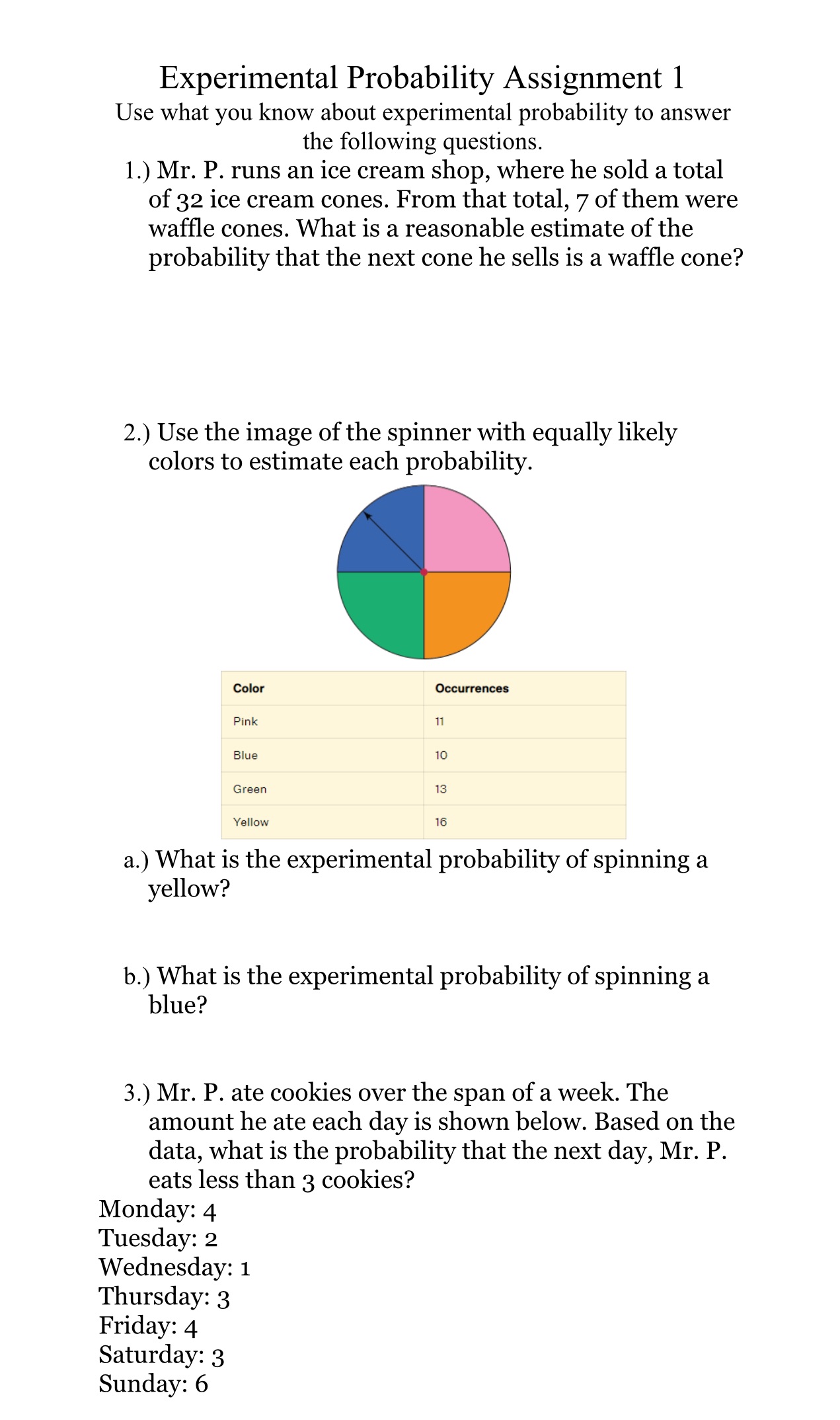 Experimental Probability Assignment 1 Use what
