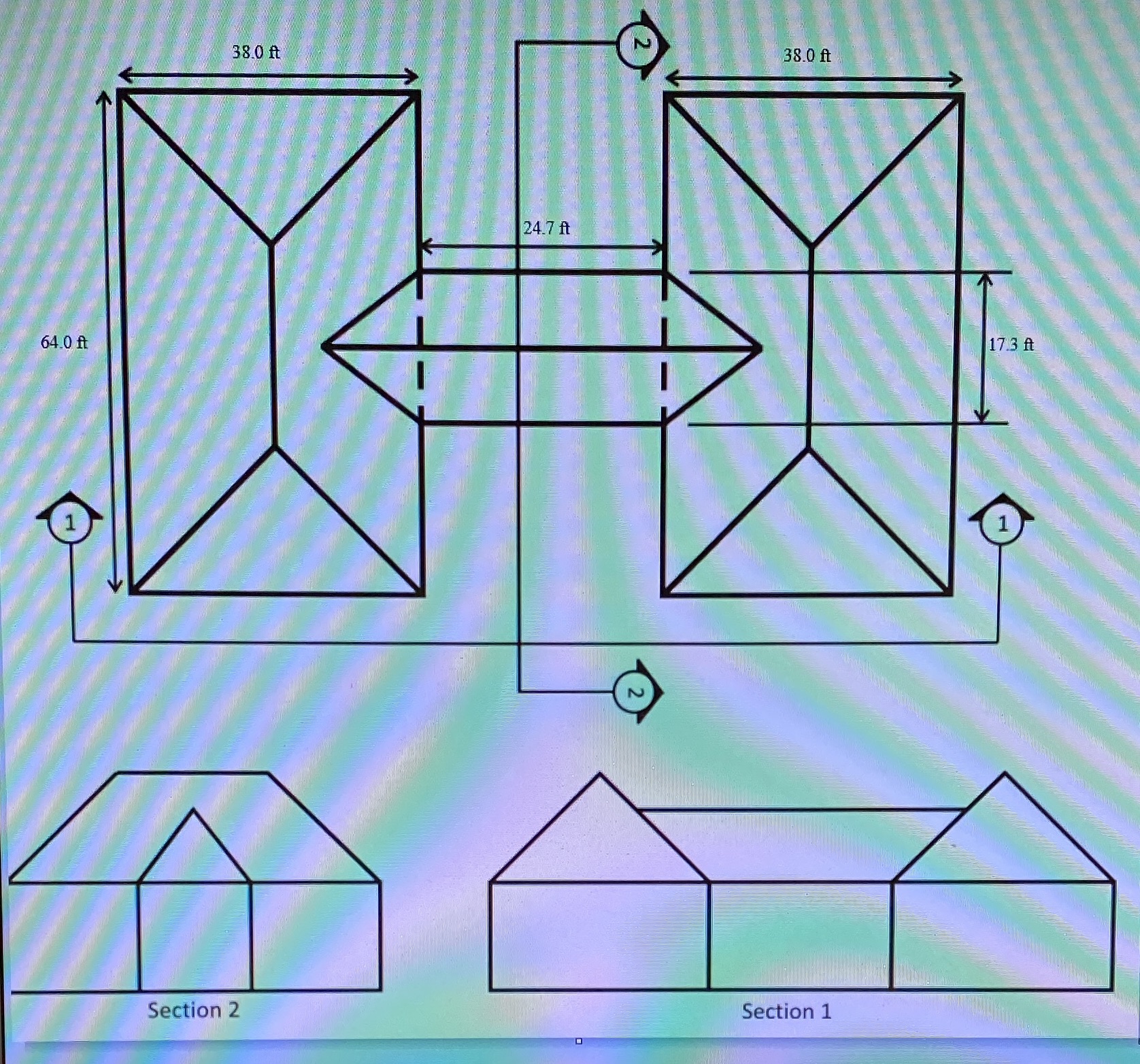 The plan and sections of a building are shown in