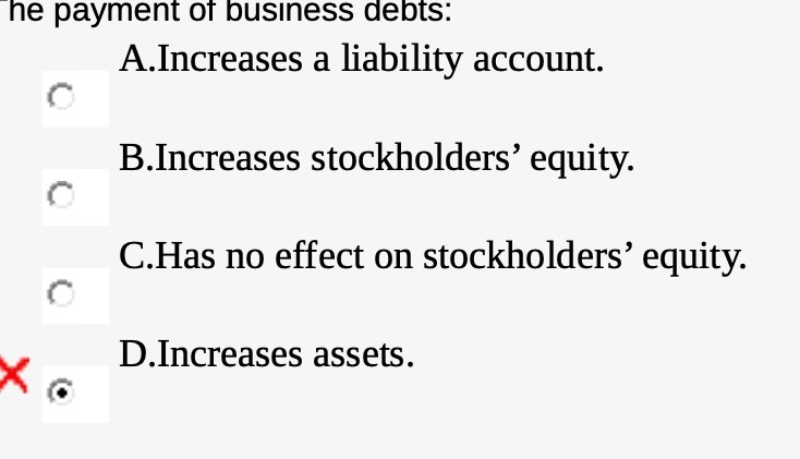'ne payment or ousmess debts: A.Increases a