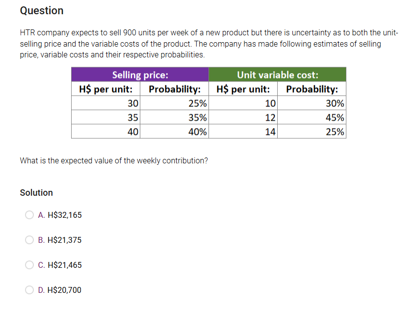 Question HTR company expects to sell 900 units
