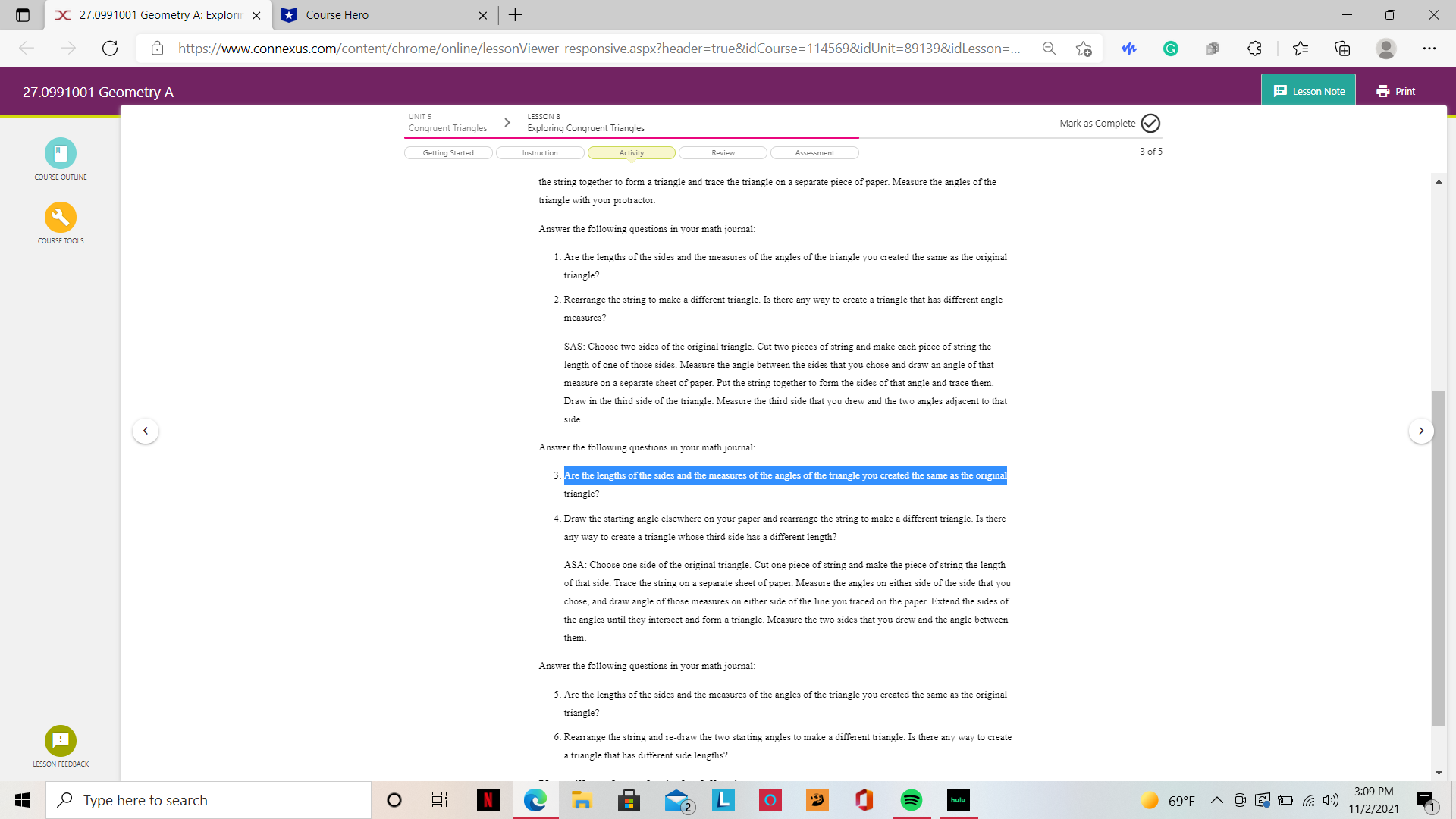 Illustrate SSS, SAS, and ASA using string and a
