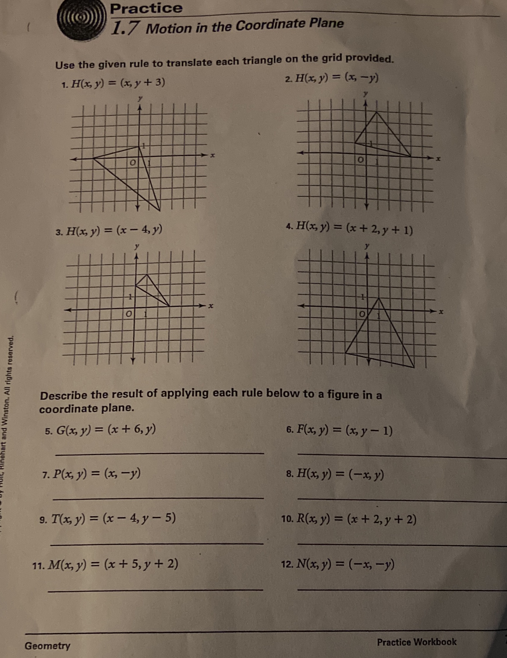 Practice 1.7 Motion in the Coordinate Plane Use