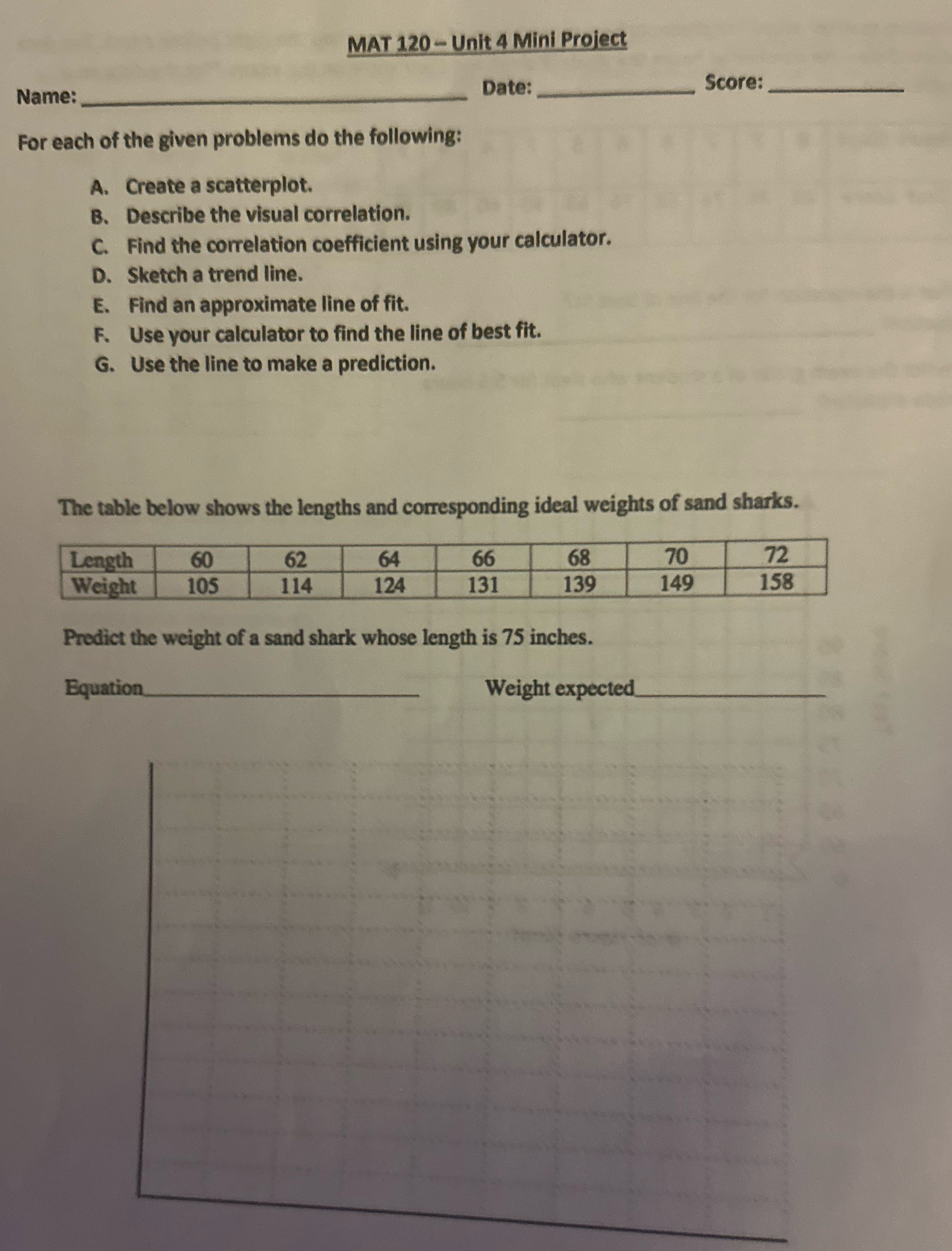 MAT 120- Unit 4 Mini Project Name: Date: Score: