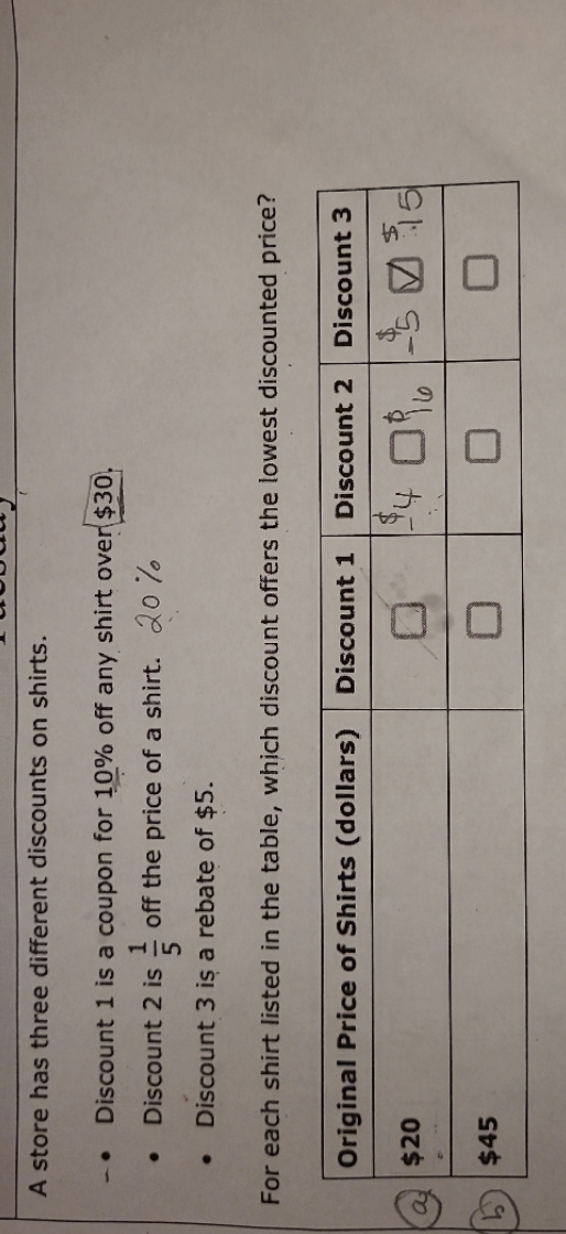 A store has three different discounts on shirts.