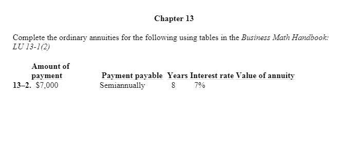 Chapter 13 Complete the ordinary annuities for