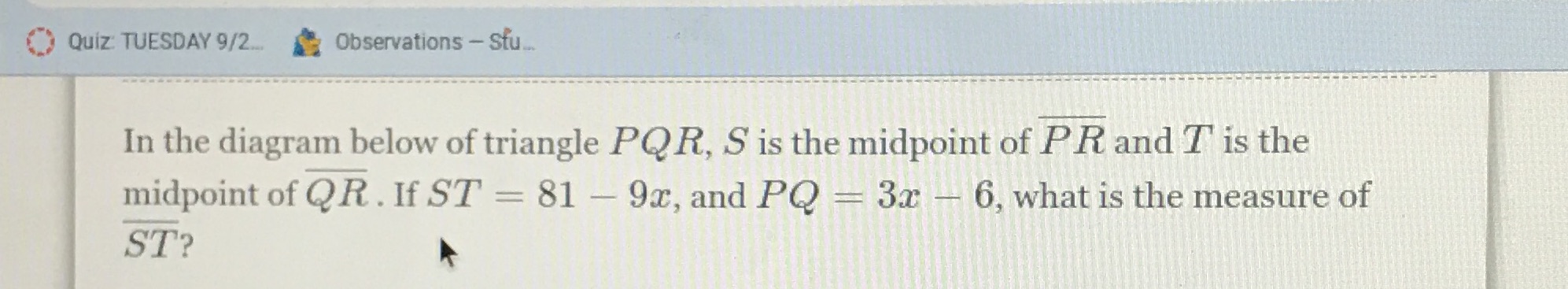 ( Quiz: TUESDAY 9/2. Observations - Stu. In the
