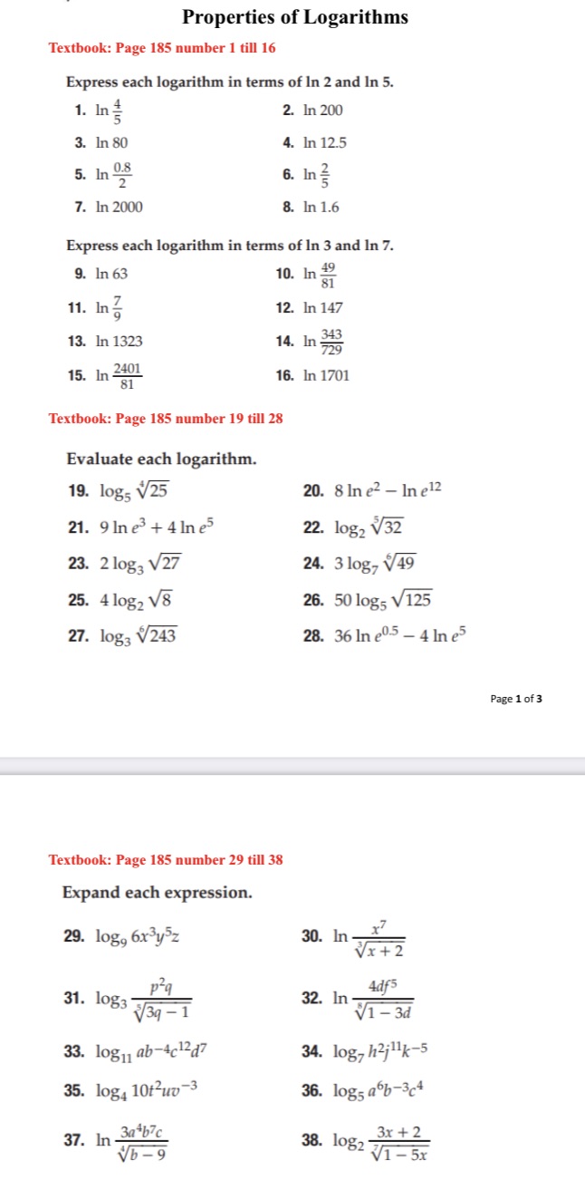 Properties of Logarithms Textbook: Page 185