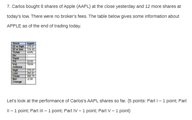 7. Carlos bought 8 shares of Apple (AAPL) at the