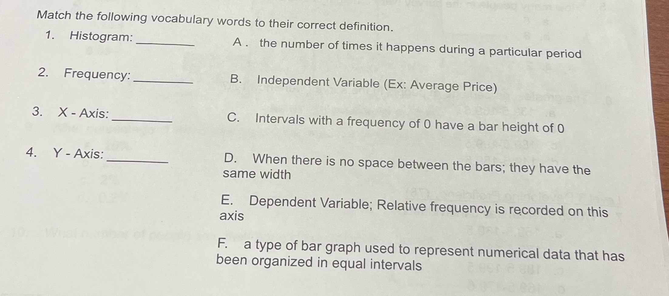 ? Match the following vocabulary words to their