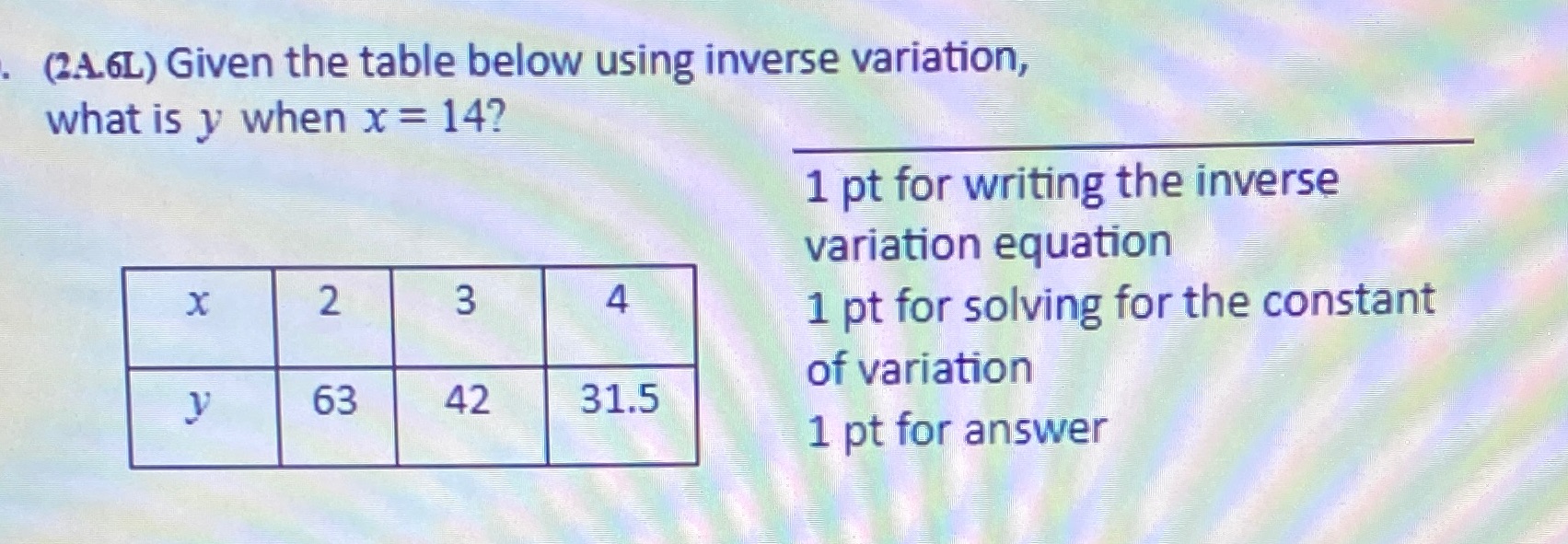 (2A.6L) Given the table below using inverse