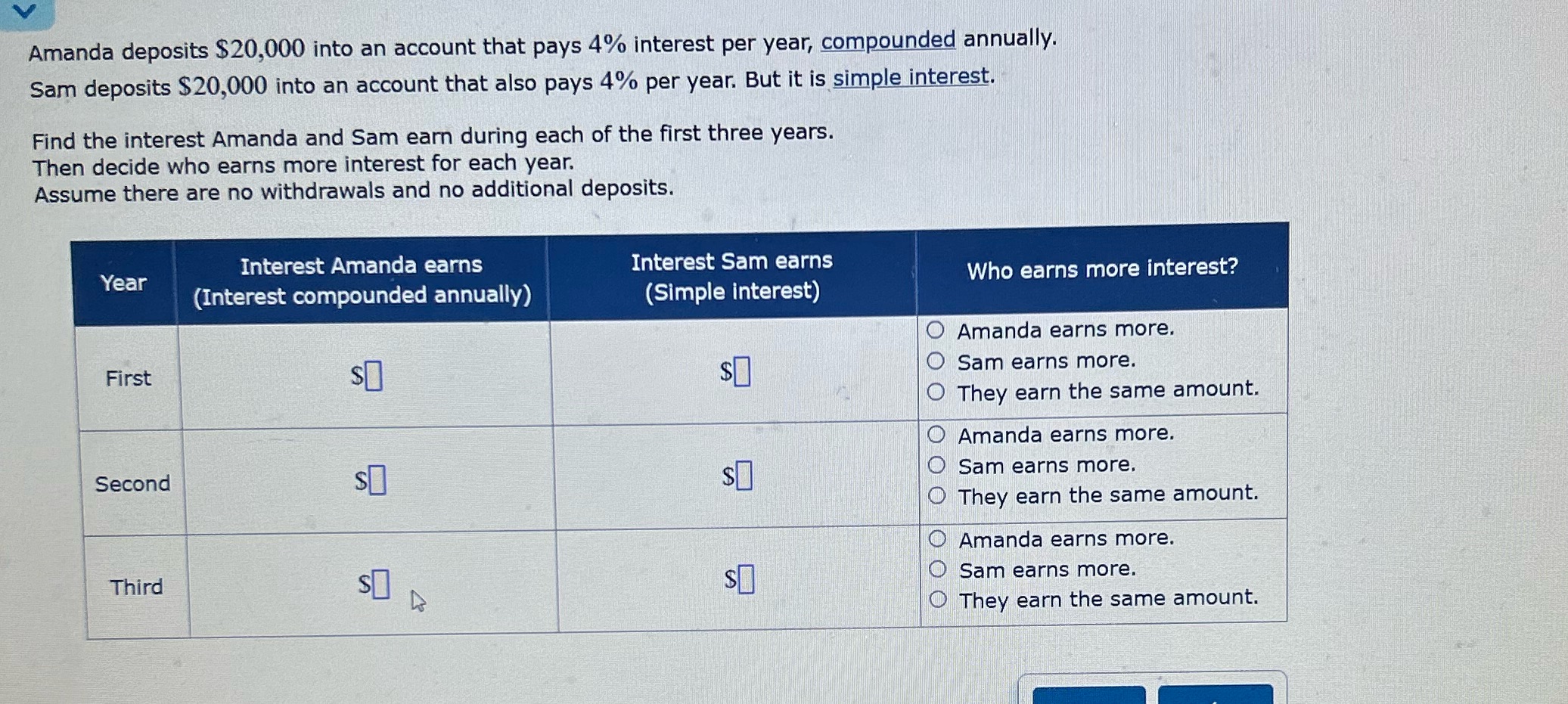 Amanda deposits $20,000 into an account that pays