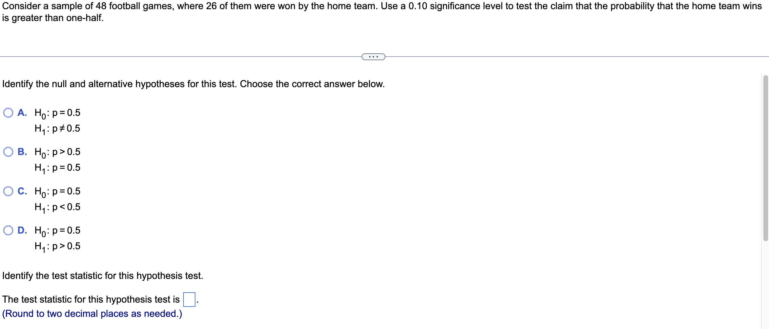 Consider a sample of 48 football games, where 26