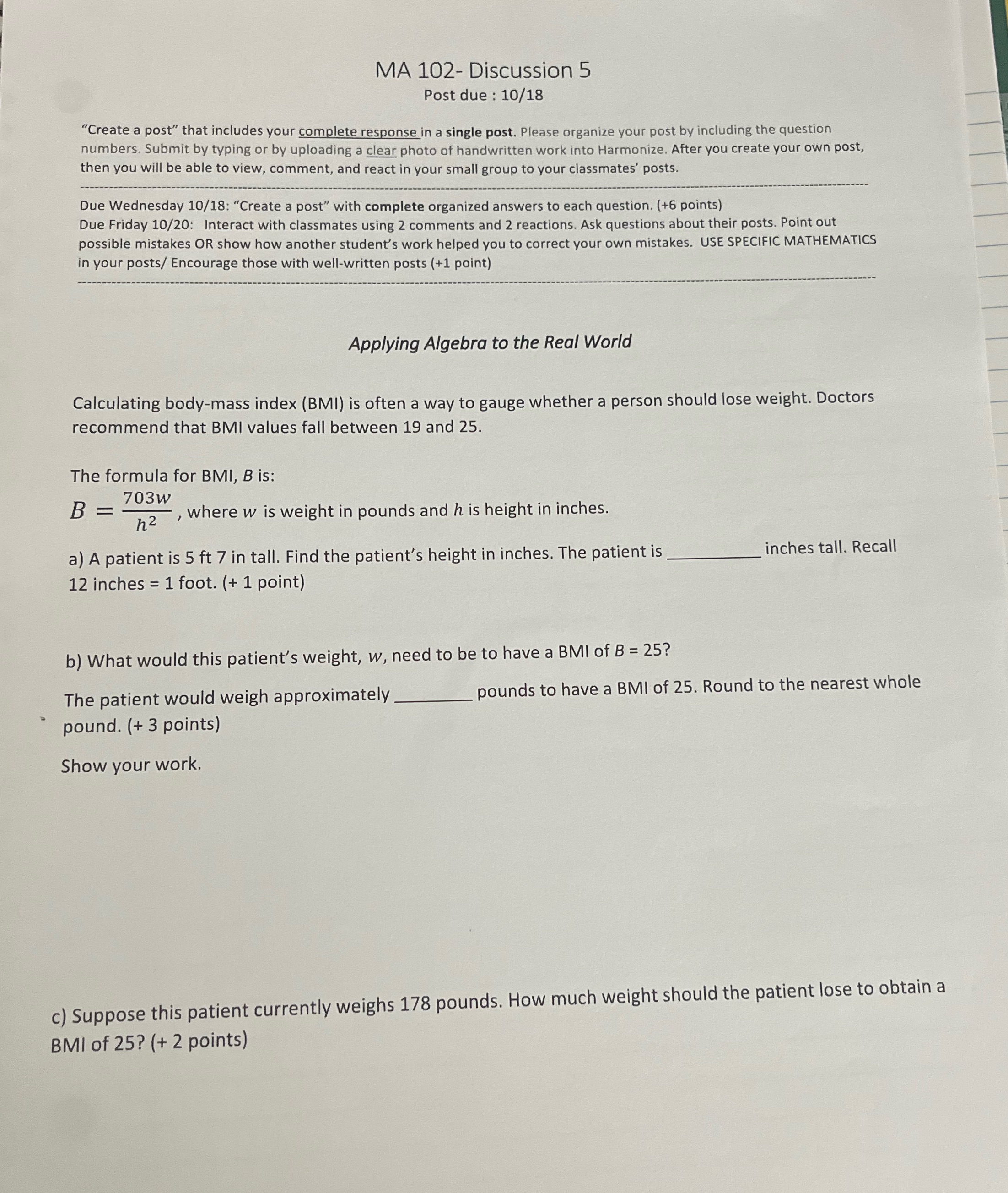 Help please MA 102- Discussion 5 Post due : 10/18