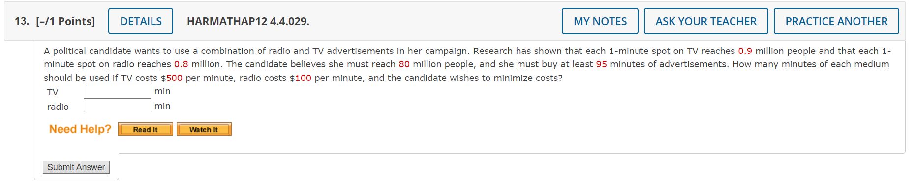 13. [11 Points] HARMATHAP12 4.4.029. MY NOTES ASK