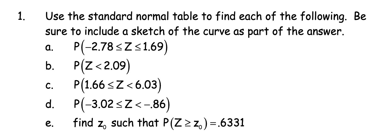 1. Use the standard normal table to find each of