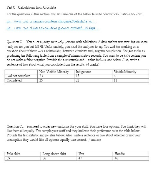 Part C - Calculations from Crosstabs For the