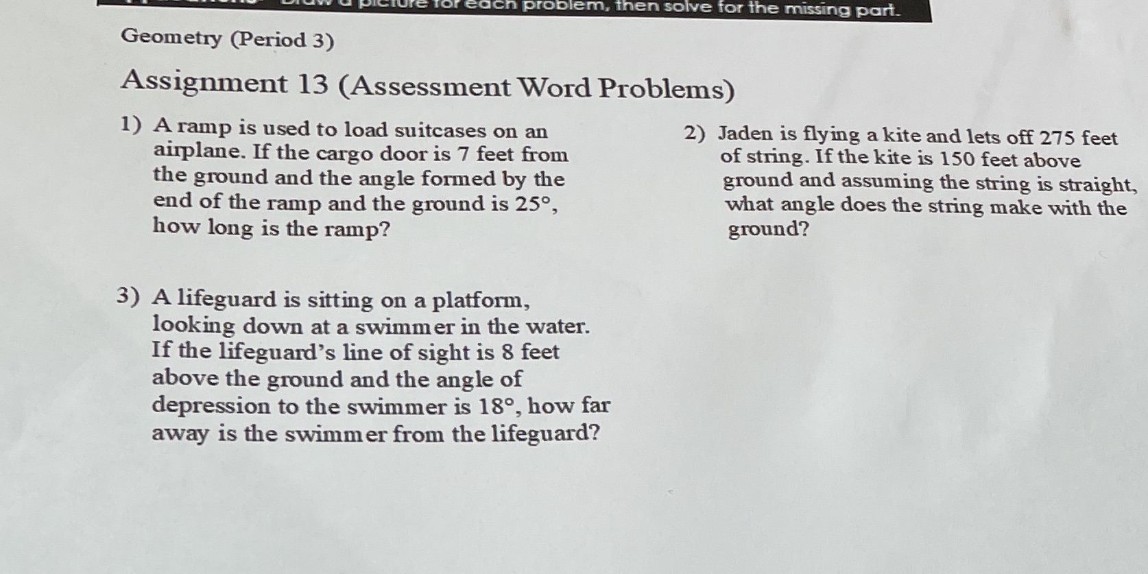 ch problem, then solve for the missing part.