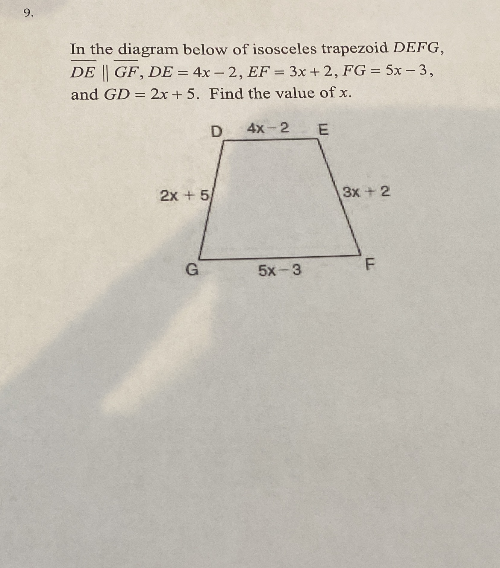 In the diagram below of isosceles trapezoid DEFG,