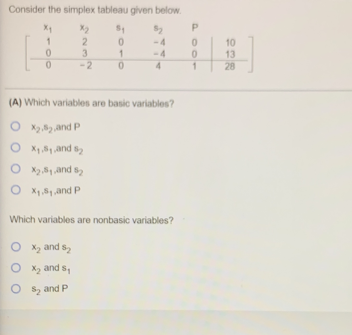 Consider the simplex tableau given below. x 1 X2