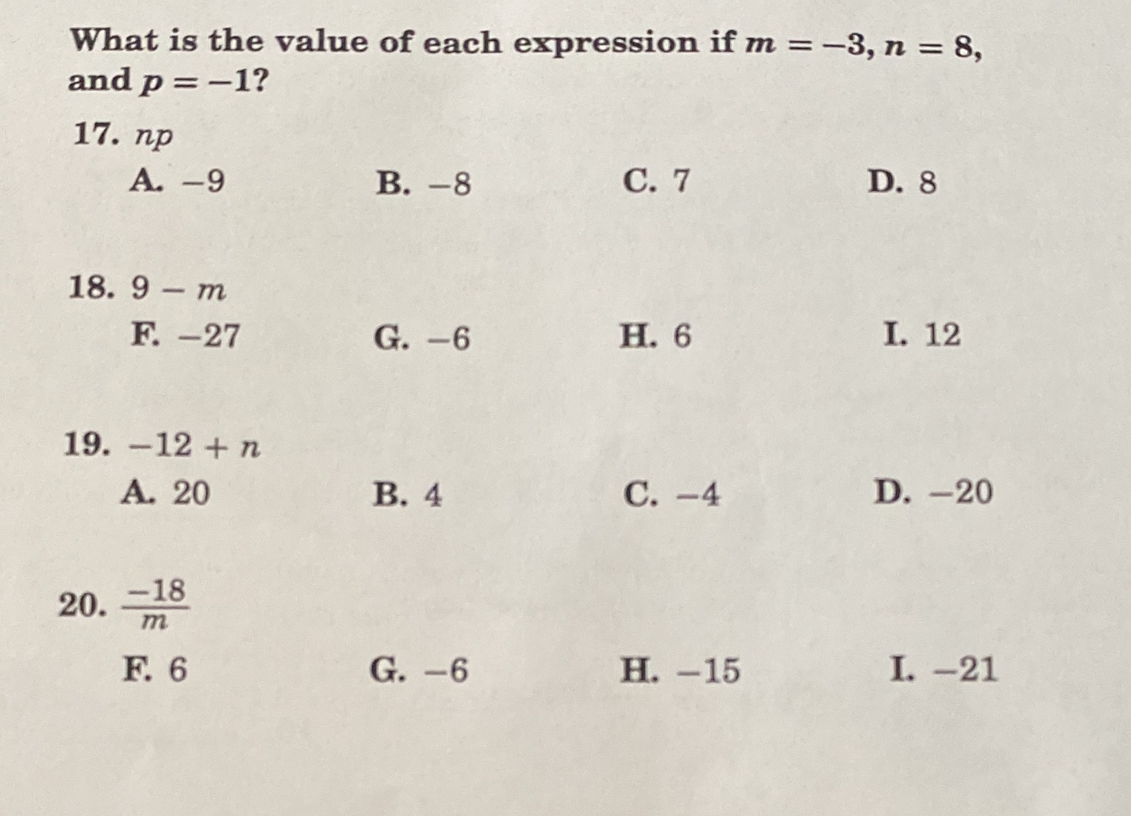 What is the value of each expression if m = -3, n