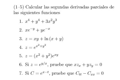 (1-5) Calcular las segundas derivadas parciales