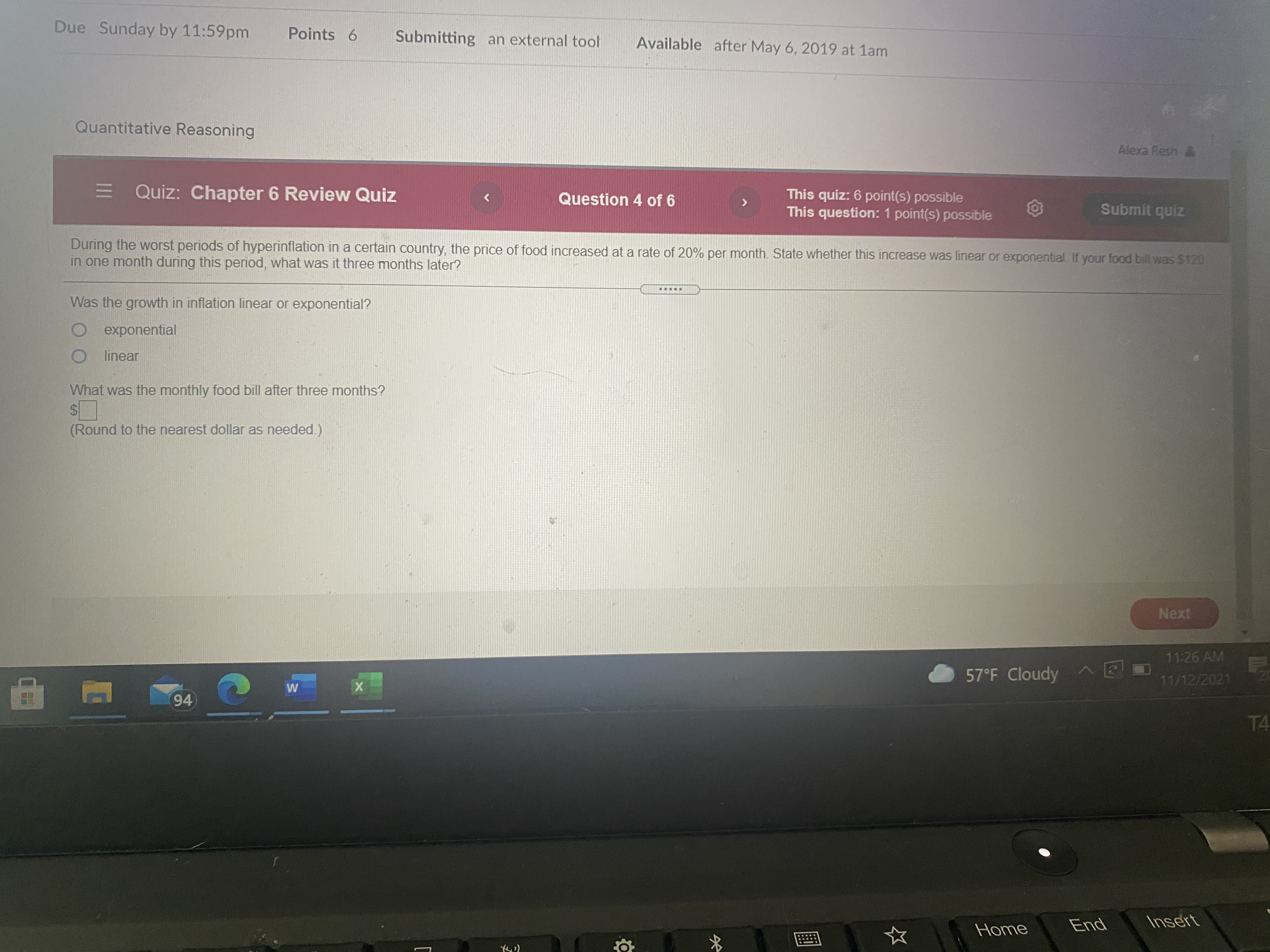 Due Sunday by 11:59pm Points 6 Submitting an