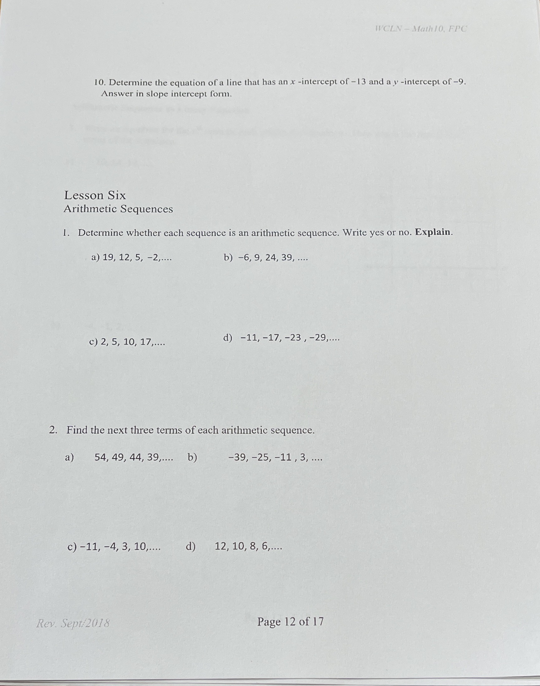 Please help with all WCLN - Math10, FPC 10.