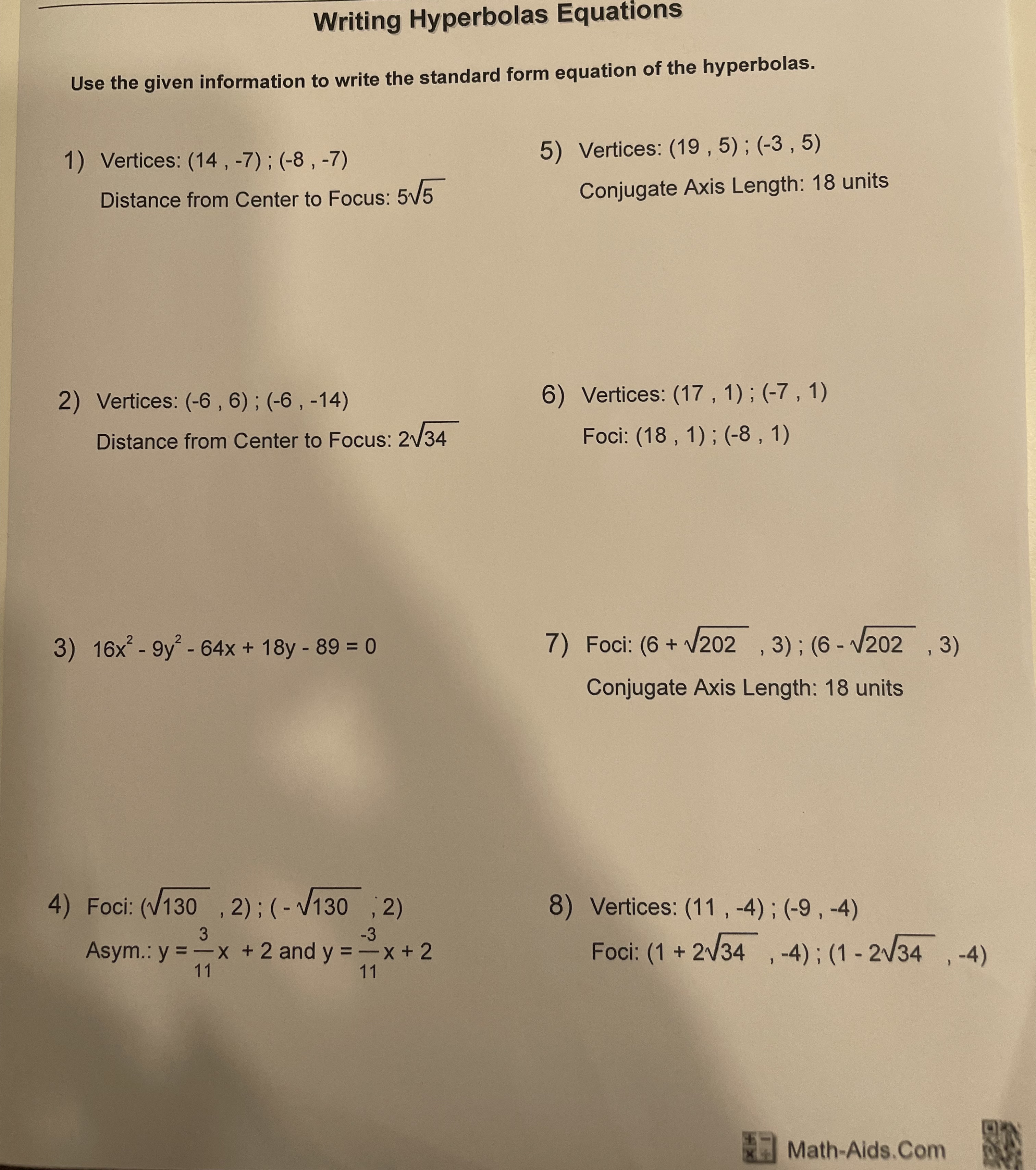 Writing Hyperbolas Equations Use the given
