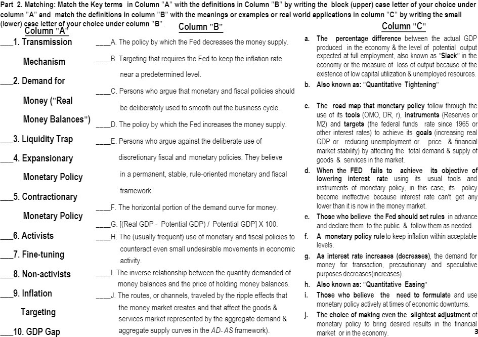 Part 2. Matching: Match the Key terms in Column