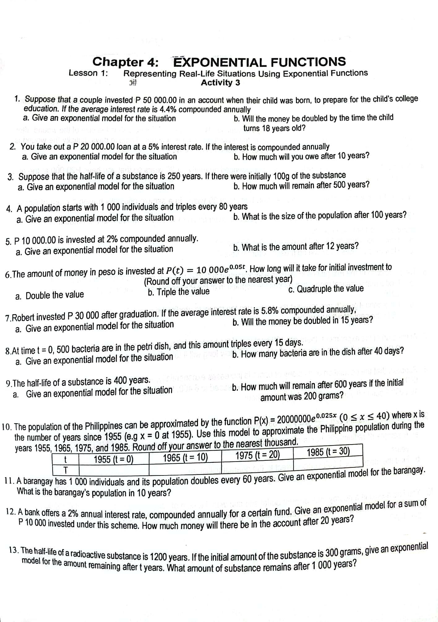Chapter 4: EXPONENTIAL FUNCTIONS Lesson 1: