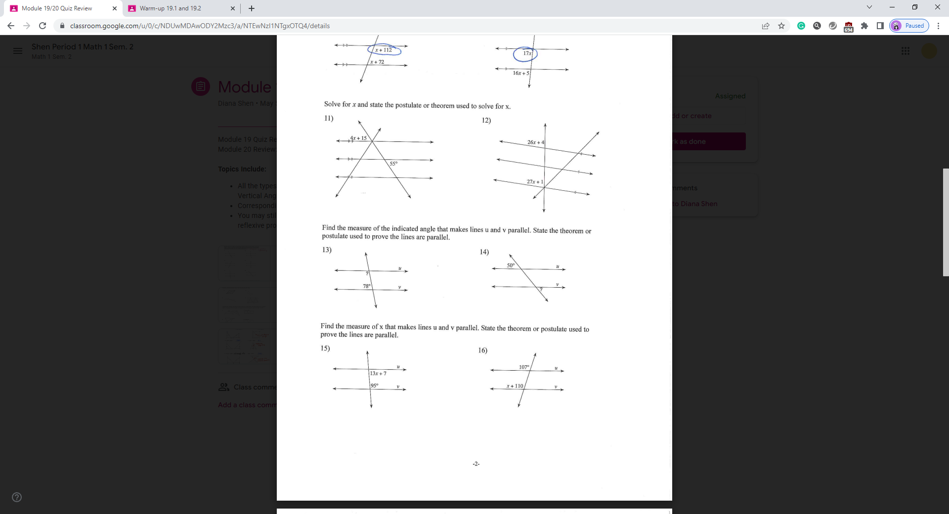 Module 19/20 Quiz Review X : Warm-up 19.1 and