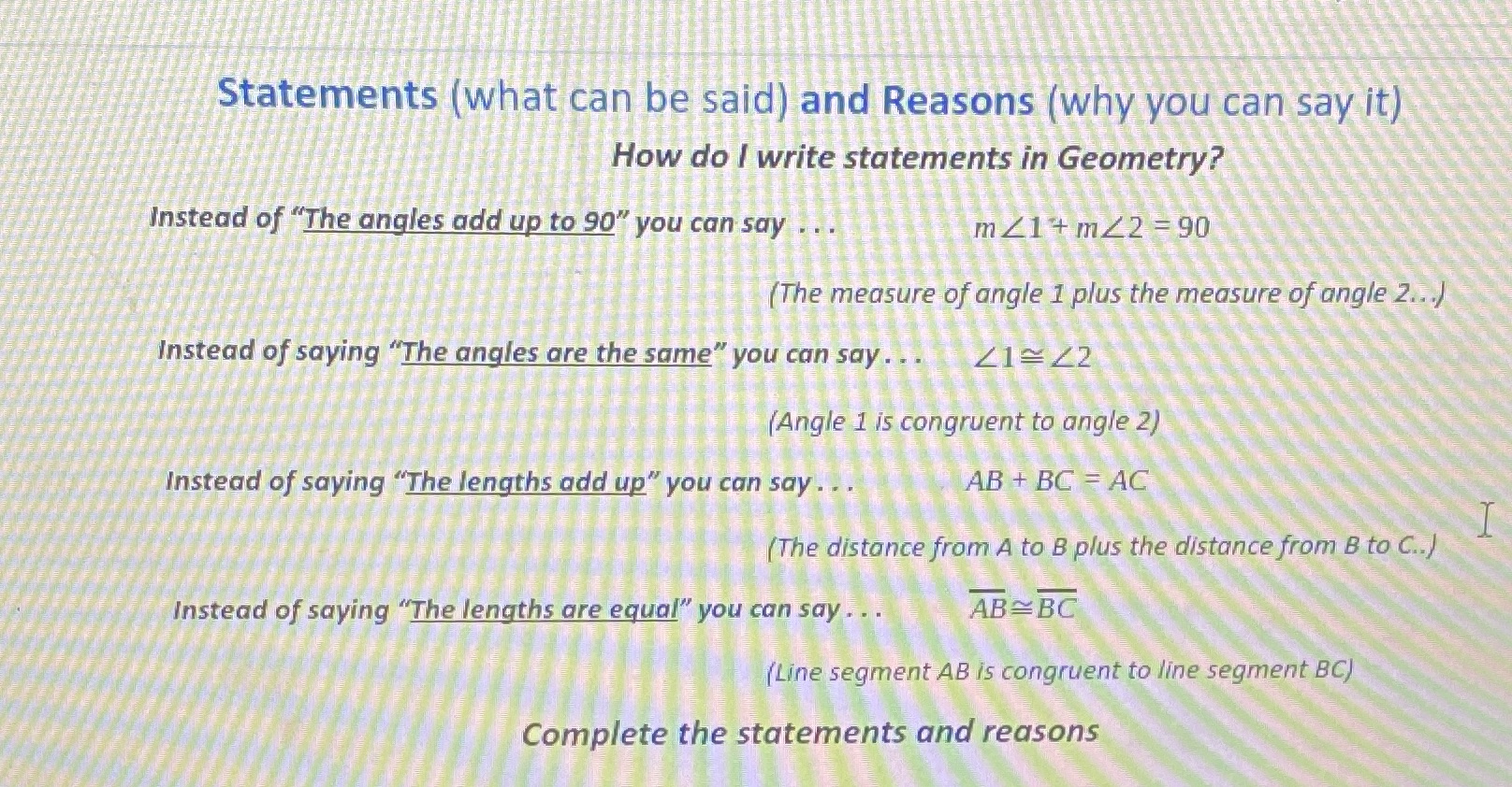 Statements (what can be said) and Reasons (why