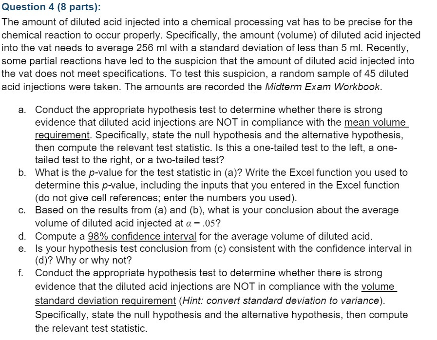 Question 4 (8 parts): The amount of diluted acid