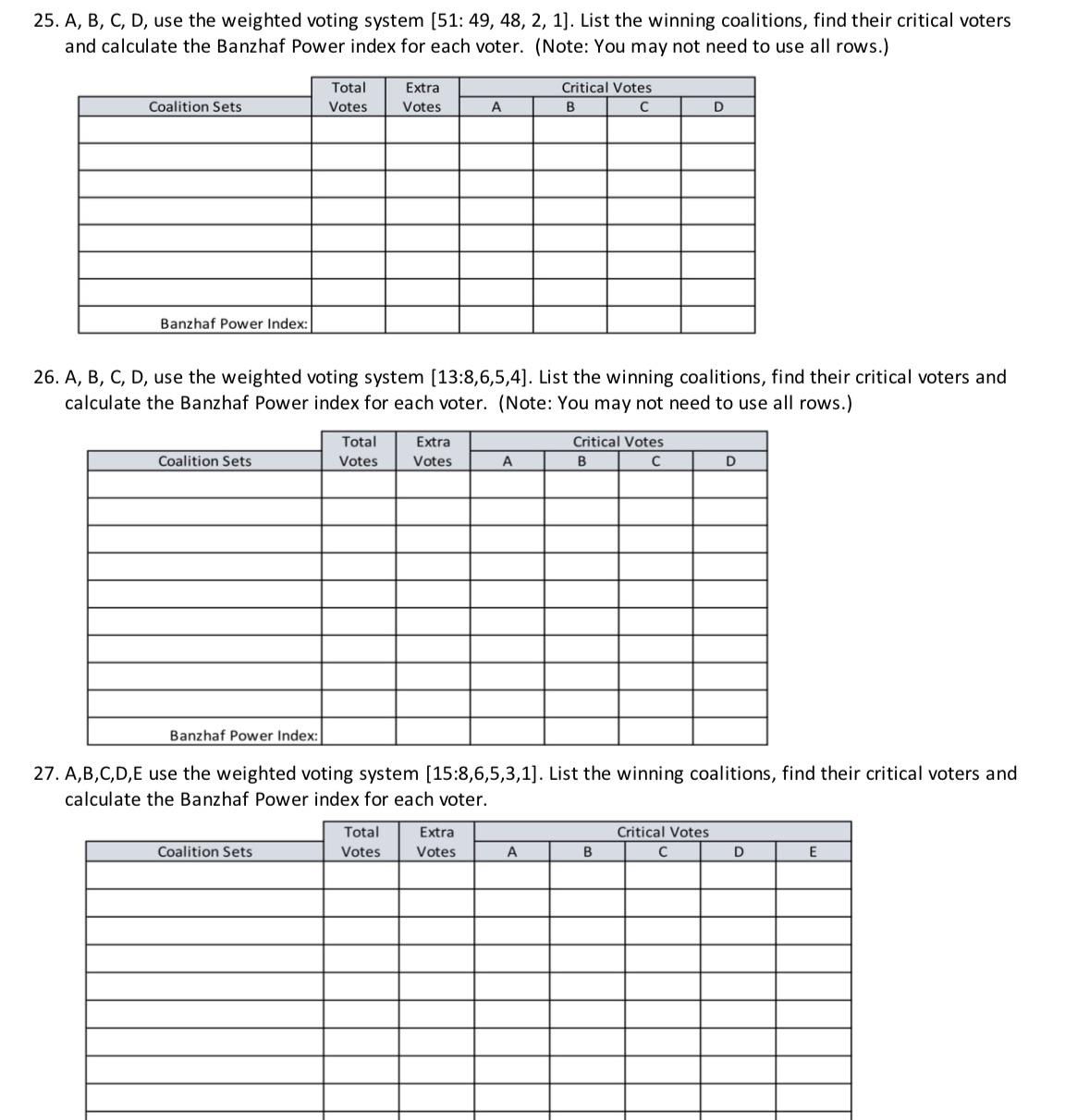 25. A, B, C, D, use the weighted voting system