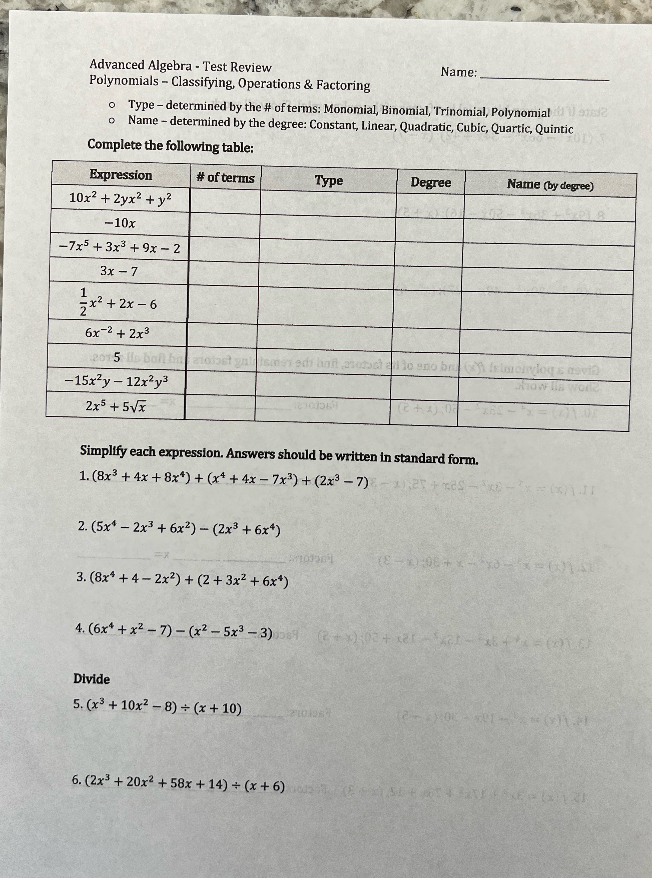 Advanced Algebra - Test Review Name: Polynomials