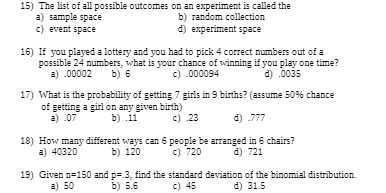 15) The list of all possible outcomes on an