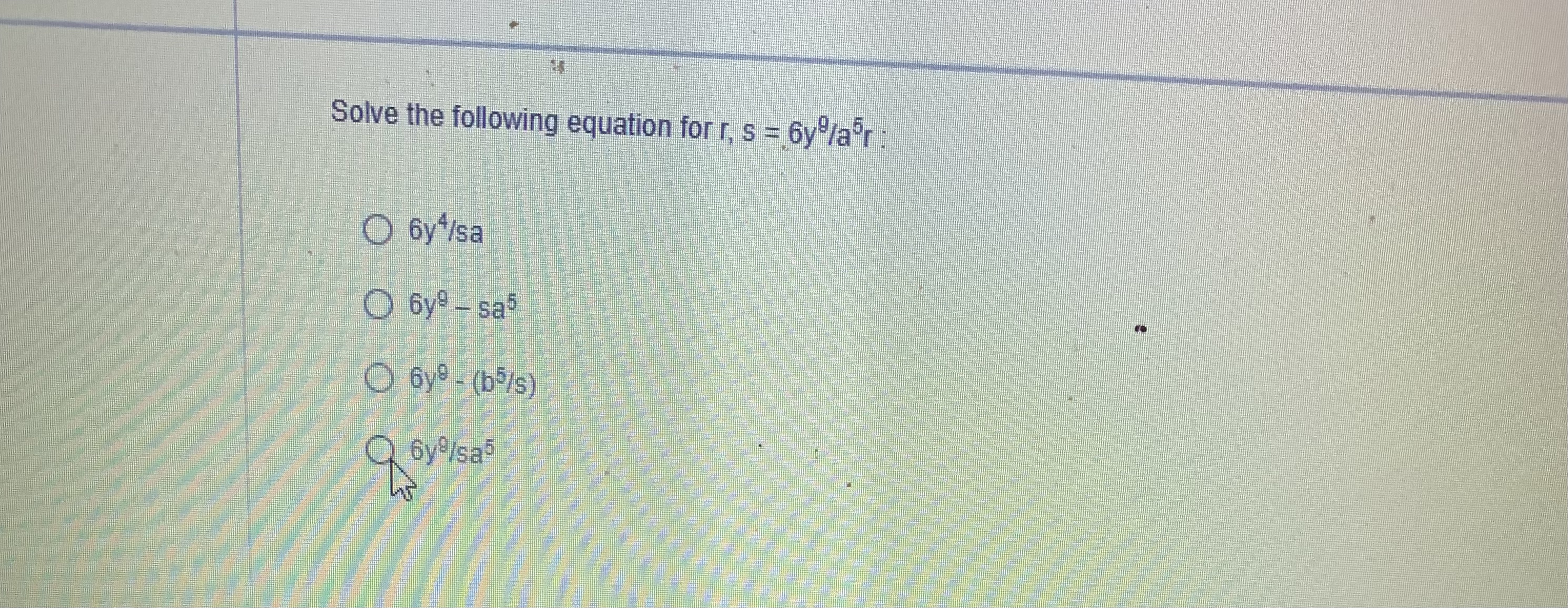 Solve the following equation for r. s = 6y/aer: