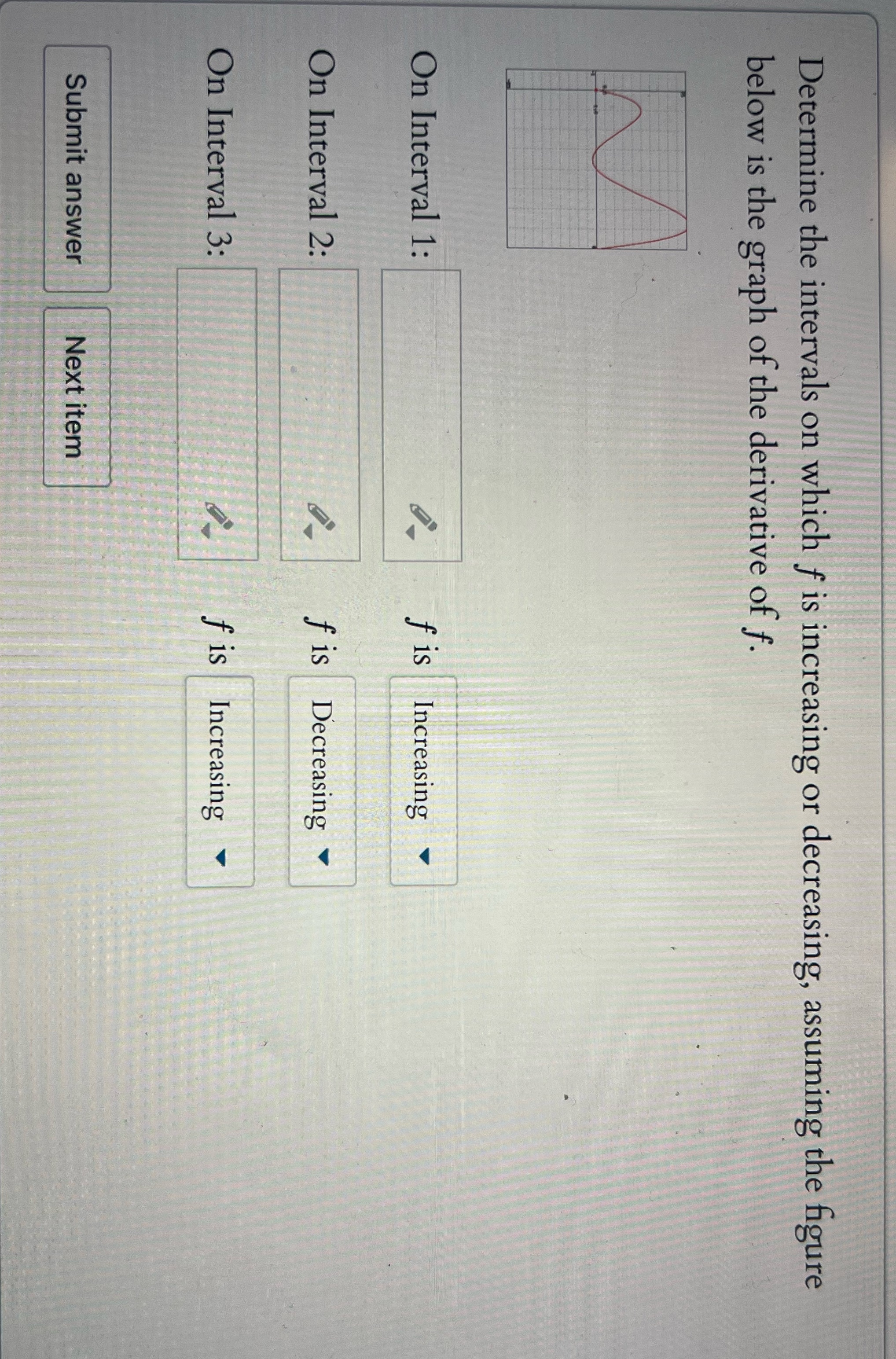 Determine the intervals on which f is increasing