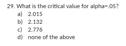 29. What is the critical value for alpha=.05? a)