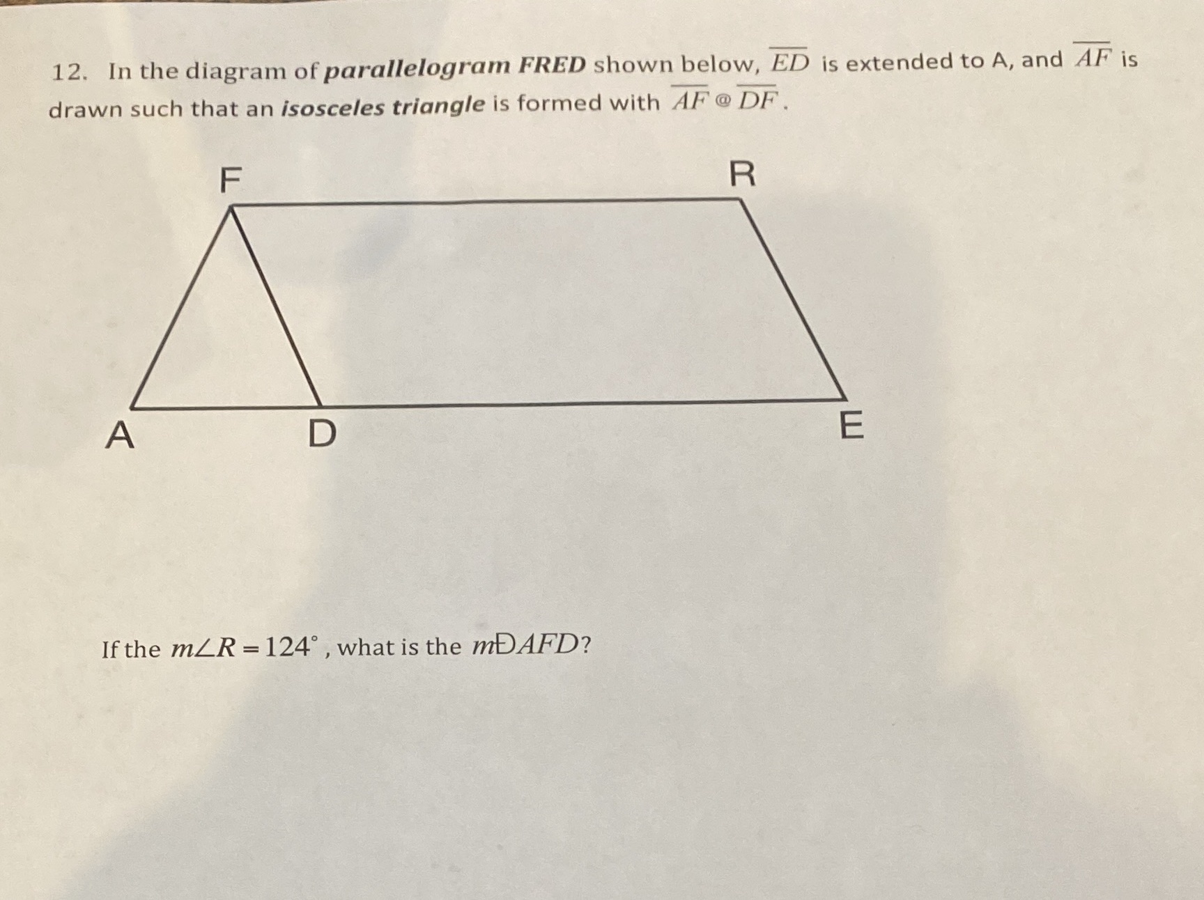 12. In the diagram of parallelogram FRED shown