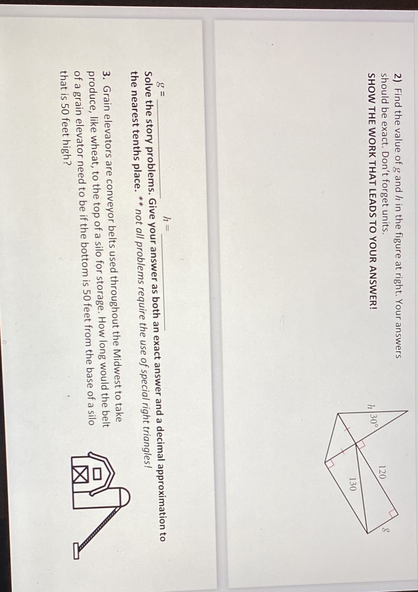 2) Find the value of g and h in the figure at