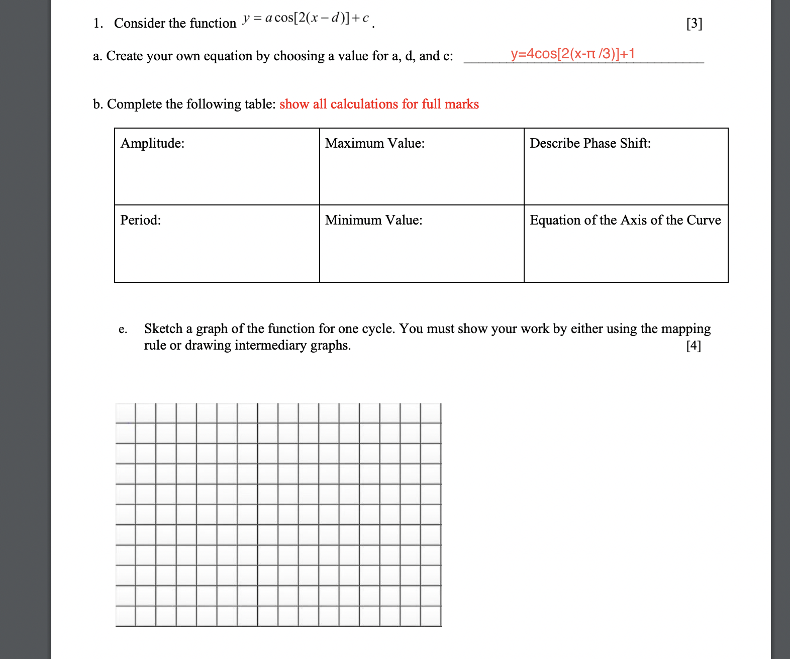 1. Consider the function y : a cos[2(x _d)] + c_