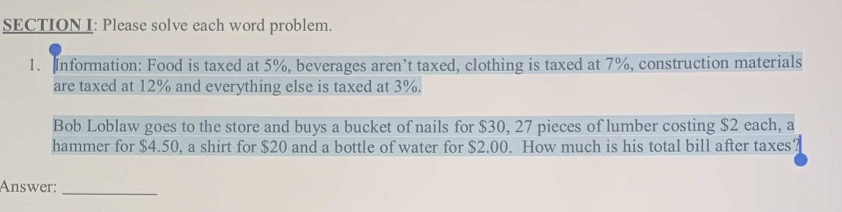 SECTION I: Please solve each word problem. 1.