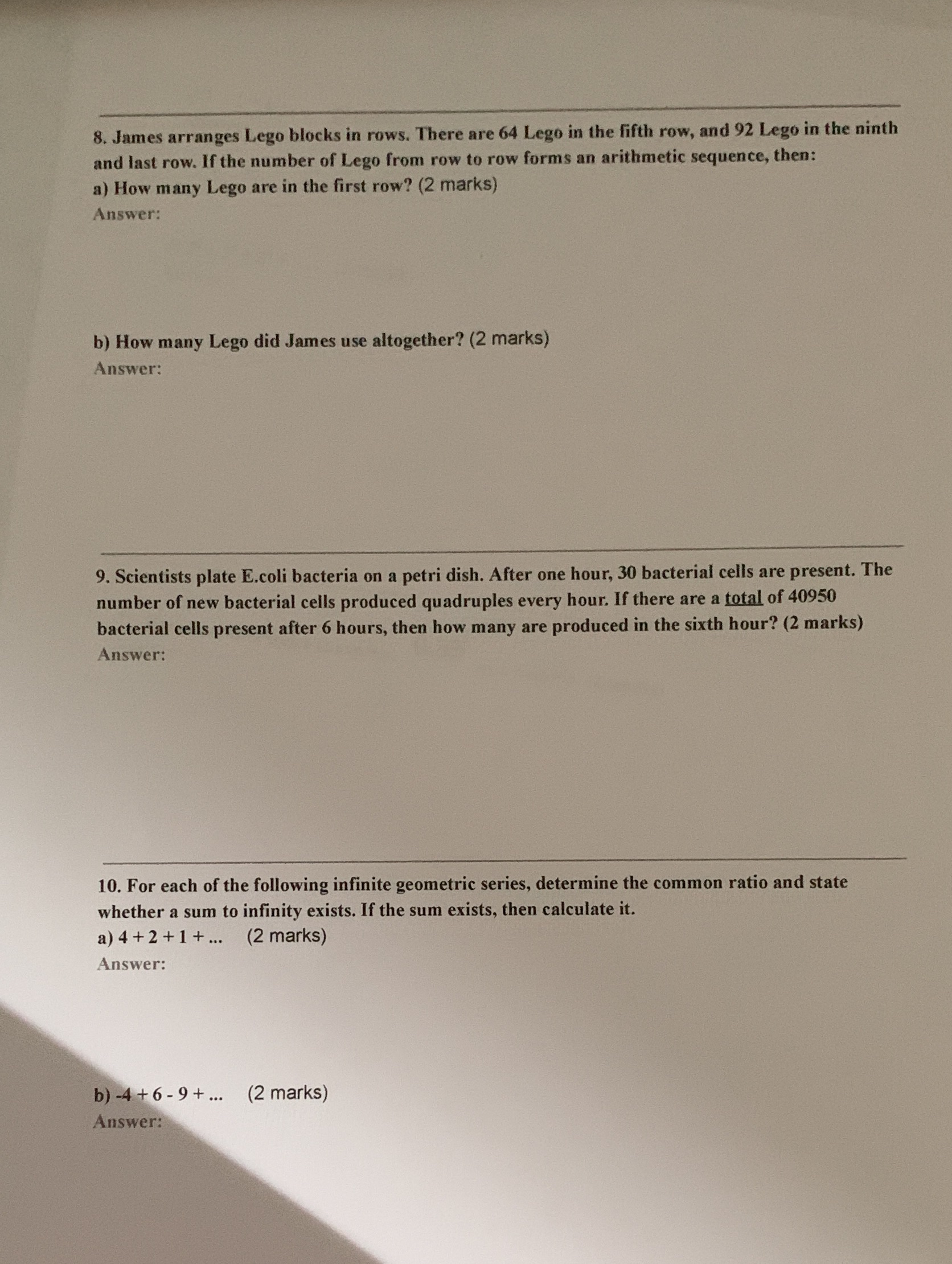 8. James arranges Lego blocks in rows. There are