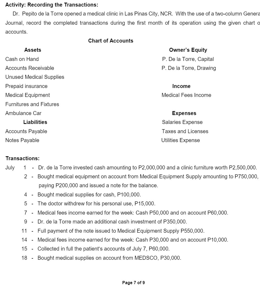 Activity: Recording the Transactions: Dr. Pepito