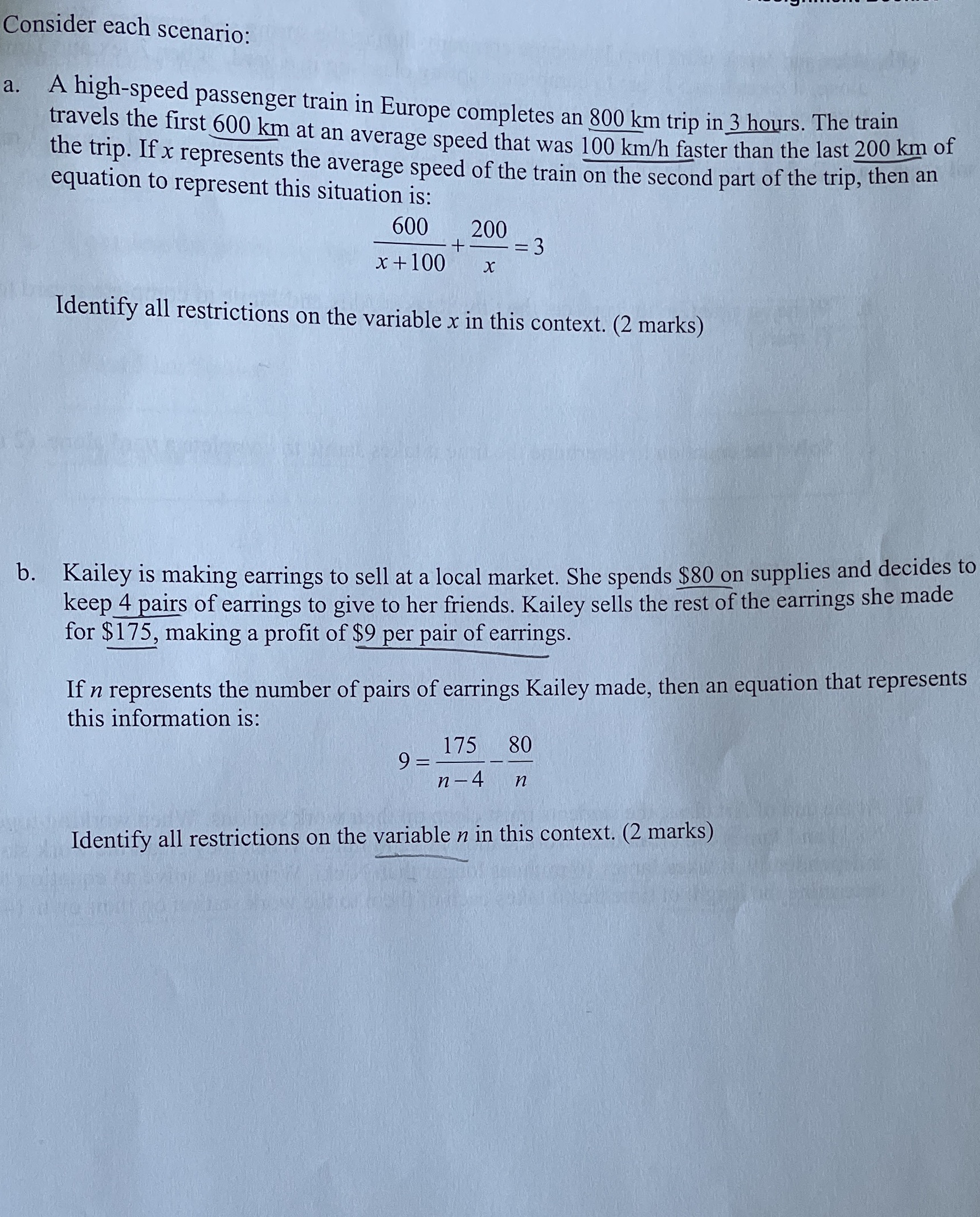 Consider each scenario: a. A high-speed passenger