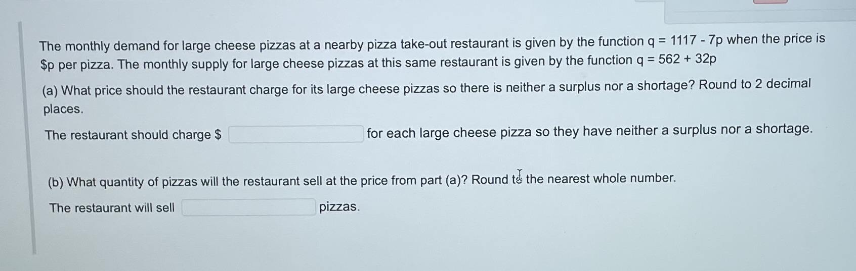 The monthly demand for large cheese pizzas at a