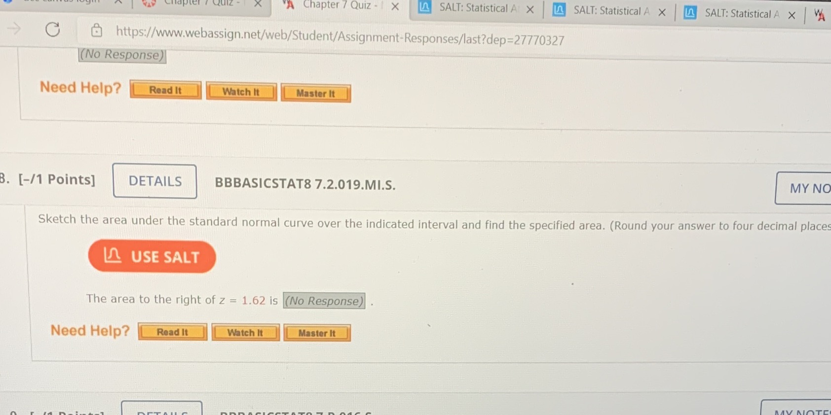 A Chapter 7 Quiz - 1 X SALT: Statistical A X In