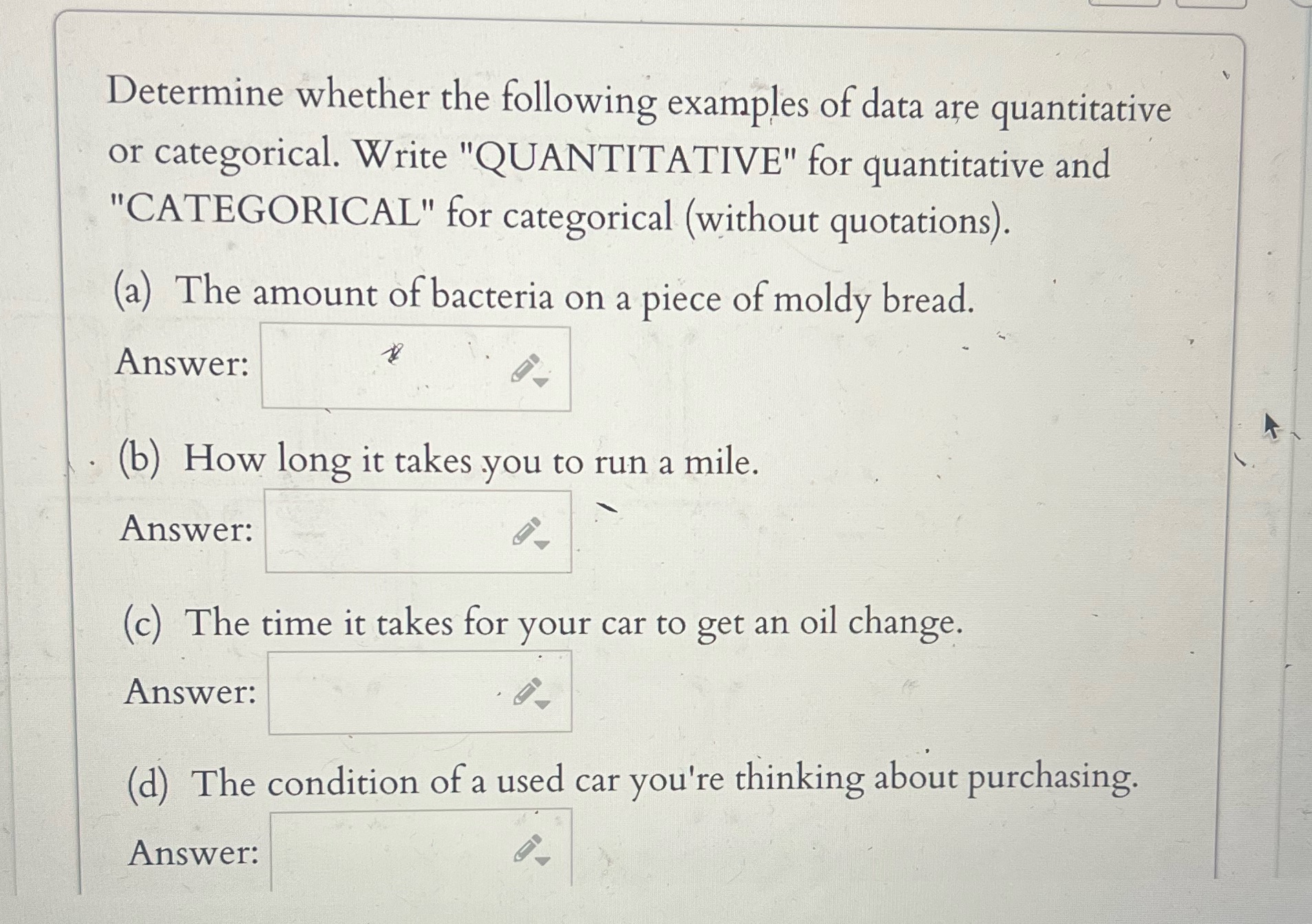 Determine whether the following examples of data