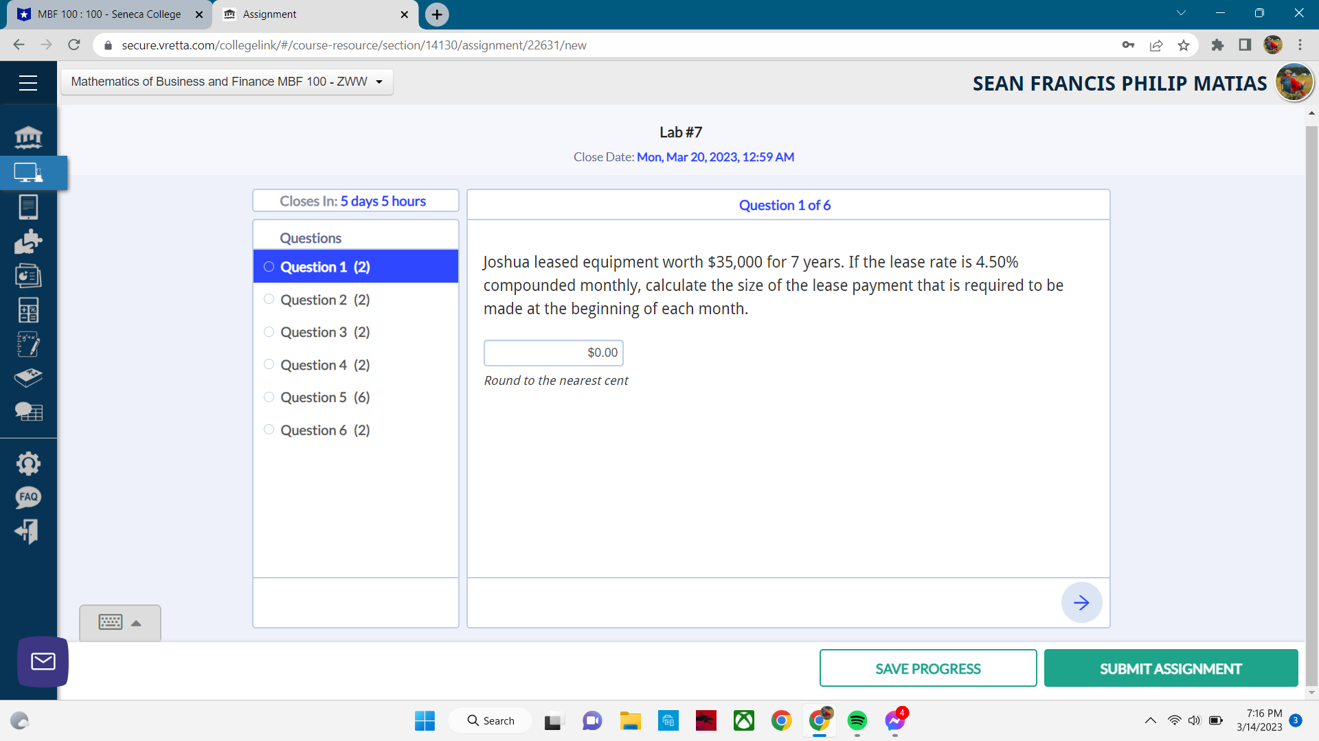 MBF 100 : 100 - Seneca College X TH Assignment X